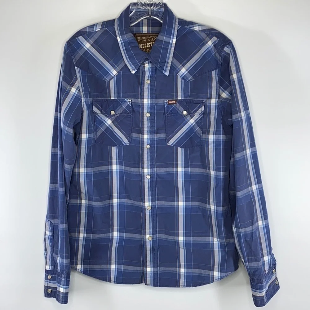 Hollister Western Styling Long Sleeve Blue Plaid Shirt Size Small